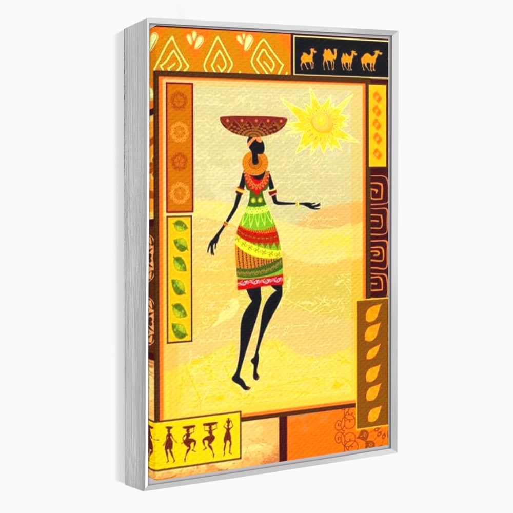 Tablou canvas cu tablou canvas cu silueta feminina african, in rama de aluminiu argintiu